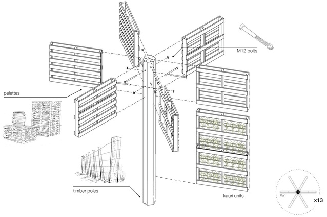 The structure’s materials are recycled from those found at Brick Bay – pallets, fence posts and bolts.