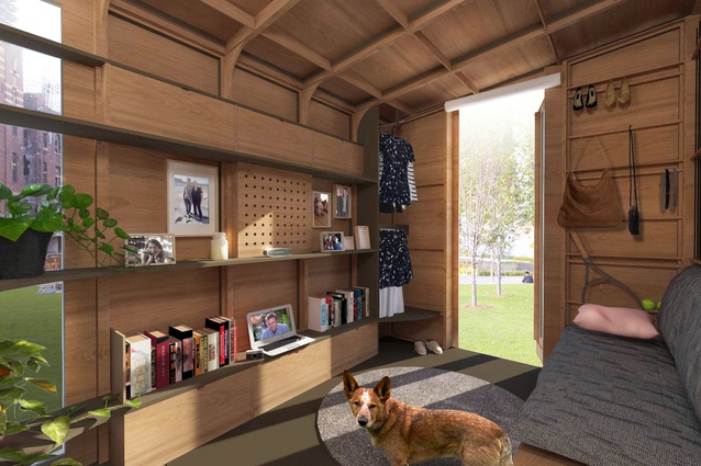 The interior of Big World Homes' flat-packed off-grid tiny home.