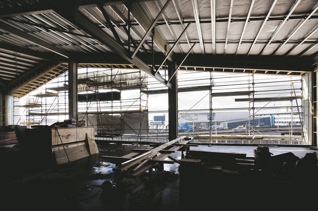 Inside the foyer during construction.