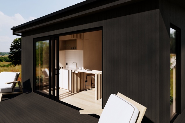 Dark-stained, chemical-free macrocarpa cladding helps the Bento cabin meld with any environment. A sun deck can be added after installation at the buyers cost/responsibility to increase useable living space.