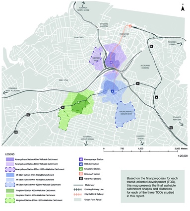 This map, by third-year Urban Planning student Oudom Yat, shows discrete segments of each catchment extending to 1200m, to account for favourable amenity and proposed streetscape improvements. Yat supports this by referencing some of the literature that suggests that a distance of up to 1200m can be considered walkable in certain instances.