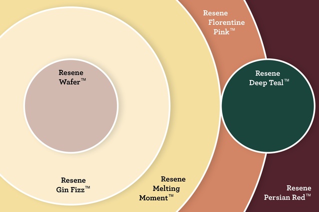 Tamzyn’s Resene colour selection features <a 
href="https://www.resene.co.nz/swatches/preview.php?chart=Resene%20Multi-finish%20range%20%282016%29&brand=Resene&name=Wafer&srsltid=AfmBOooHy5qx0hzfCmg3mq00B6XLURnrTCFuQF7dxkP6gwzW2MLn5eyw "style="color:# D4BBB1 "target="_blank"><u>Resene Wafer</u></a>, <a href="https://www.resene.co.nz/swatches/preview.php?chart=Resene%20The%20Range%20fashion%20colours%2016&brand=Resene&name=Gin%20Fizz&srsltid=AfmBOoqBNdqbBmYMm3M12_Y9a6YvqjIo1dFdqrSrnSJGFUn11kBVDuO8 "style="color:#F8EACA"target="_blank"><u>Resene Gin Fizz</u></a>, <a href=" https://www.resene.co.nz/swatches/preview.php?chart=Resene%20The%20Range%20fashion%20colours%2014&brand=Resene&name=Melting%20Moment&srsltid=AfmBOooh0msQx_YxxWSIJvIbjHCedMRYK8gMiezKXcpRquN2_AzYCjeK "style="color:# F4DE9E "target="_blank"><u>Resene Melting Moment</u></a>, <a href=" https://www.resene.co.nz/swatches/preview.php?chart=Resene%20Multi-finish%20range%20%282016%29&brand=Resene&name=Florentine%20Pink&srsltid=AfmBOooN89TW-rqhfork3pD6wCCkojnH56tXYdLpoXtDmfW6vqLZTGkf "style="color:#D08363"target="_blank"><u>Resene Florentine Pink</u></a>, <a href=" https://www.resene.co.nz/swatches/preview.php?chart=Resene%20The%20Range%202000&brand=Resene&name=Deep%20Teal&srsltid=AfmBOoqe9oUVr4kYlVhdZbNLb43wT1KpIeJPC_f3NGiwxRtPNI0rdABy"style="color:#2F5B58"target="_blank"><u>Resene Deep Teal</u></a> and <a href=" https://www.resene.co.nz/swatches/preview.php?chart=Resene%20BS5252%20range%20%28pre%202008%29&brand=Resene&name=Persian%20Red&srsltid=AfmBOoqDOGoy0HkJjhk4Vhw6VZNDLUlyYYOHLOEym0Ilv7q_QRm_FA_A"style="color:#4F212A"target="_blank"><u>Resene Deep Teal.</u></a>
