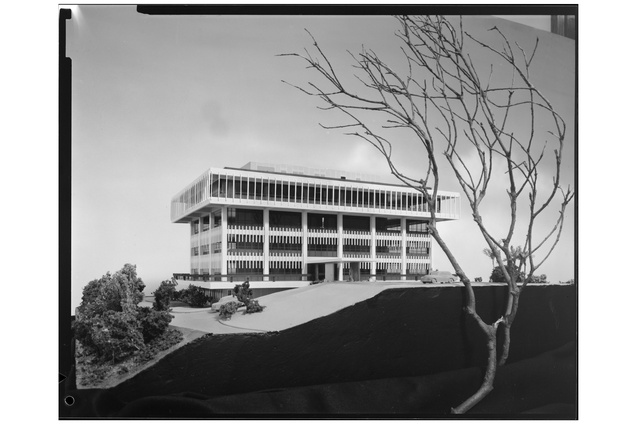 Model of Meteorological Office, Kelburn, Wellington, c. 1962-1965, black and white negative transferred to digital and printed on adhesive paper. Ref: DW-0962-F. Alexander Turnbull Library, Wellington, New Zealand.  