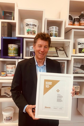 Nick Nightingale of Resene with the company's 10-year Interior Awards Sponsor certificate.