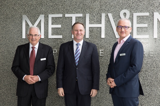 From left: Methven chairman Phil Lough, Prime Minister John Key and Methven Group CEO David Banfield. 