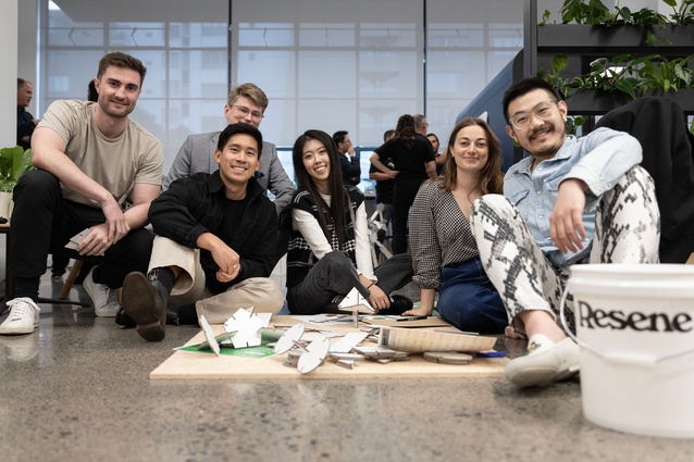 The newly-opened Grimshaw NZ studio joined in on the fun. From left: Jamie Griffiths, Raphael Dinglasan, James Browning (top), Sarah Song, Jessica Rust and Matthew Sao.