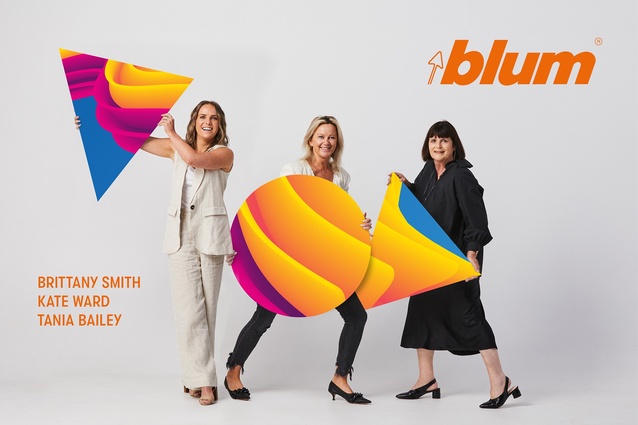 Meet Blum: Sponsor of the Interior Awards 2024.
From left: Specification Consultants for Blum New Zealand, Brittany Smith, Kate Ward and Tania Bailey. 
