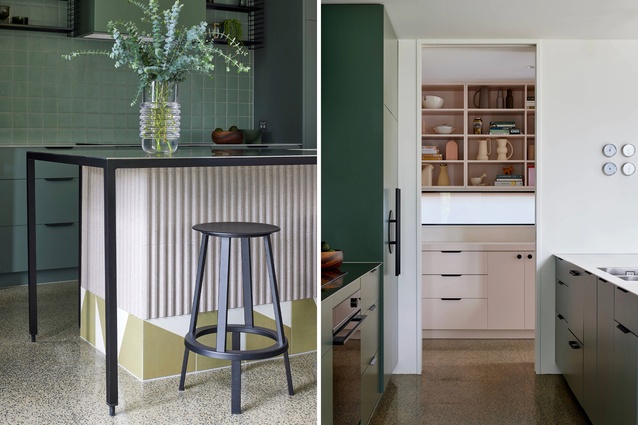 The island bench has a black powder-coated steel frame (left) and a view through to the scullery (right).