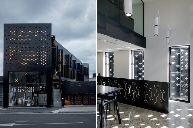 Black Building – Mackelvie Street Precinct, Ponsonby, Auckland, by RTA Studio. 2017. A long, slender black form with a distinctive façade design.