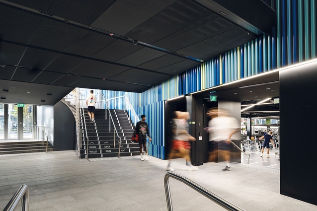 Black is a colour synonymous with New Zealand sport and features in the central two-stair zone.
