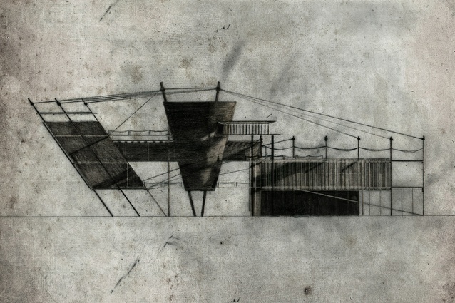 Side elevation, Architecture for the Wero. Mixed media: pencil, charcoal, digital.