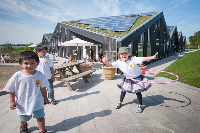 The "sun house" – Sølhuset kindergarten, in Denmark, with its south-facing solar cells and green roof.