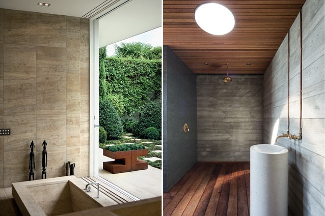 A lush, landscaped courtyard is a picture-postcard view from the bathroom in McKinney+Windeatt Architects’ More 
Grown-Up House; Hobson Bay House in Auckland by Julian Guthrie. 