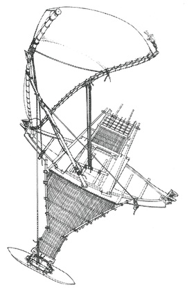 Drawing of an Oceanic outrigger canoe.