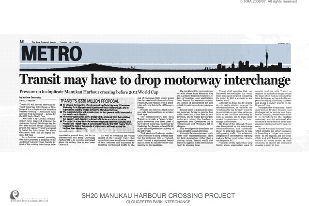 The SH20 Gloucester Park Interchange Project, Onehunga makes the newspaper in July 2007. 