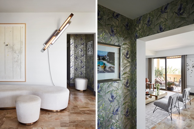 (L): Wallpaper is Matthew Williamson by Chez Osborne and Little; sofa and footrest are Humbert & Poyet with Nobilis fabric | (R): Wallpaper is Matthew Williamson by Chez Osborne and Little.
