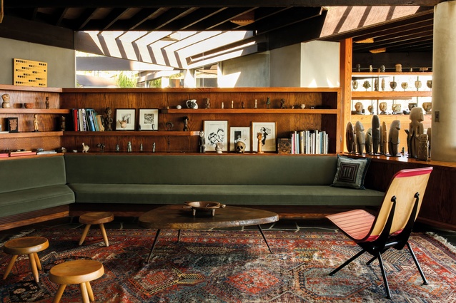 The John Lautner-designed house has been filled with Haddawy’s collections of art and furniture. Pre-Columbian figures share space with contemporary art by Raymond Pettibon  and furniture by Nakashima, Prouvé  and others.