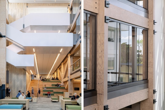 Left: The northsouth spine marks level changes and clear passage between the existing and the new. Right: Structural timber bays are neatly coordinated with raised access floors.