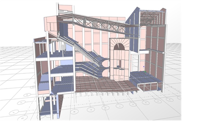 3D section view of the St James through the SAP2000 analysis model.