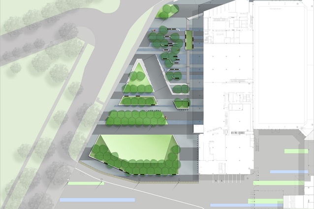 Plan of University Plaza. Classic clean lines and well defined spaces create a multiplicity of functional social areas appropriate to the intended users of University students.