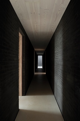 A dark corridor made of black stone.
