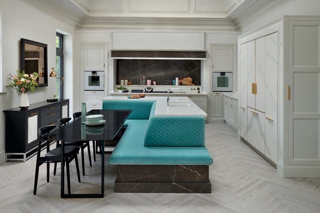 The Z-shaped, powder-blue banquette seating, which hugs the L-shaped island in the Martin Moore Art Deco kitchen, is a 1930s’ form upholstered in a period colour.