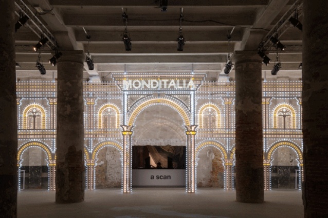 <em>Luminaire</em> is a collaboration between OMA (Rem Koolhaas) and Swarovski. This dazzling 6 x 20-metre archway at the entrance to Monditalia is illuminated with thousands of coloured light bulbs and 15 kilograms of Swarovski Crystal Rocks.  