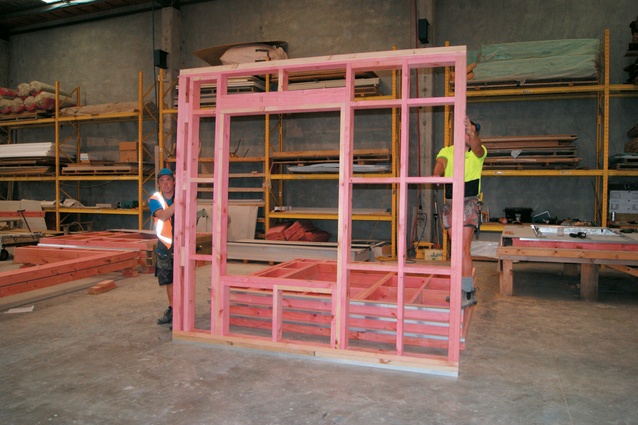 An assembled timber frame.