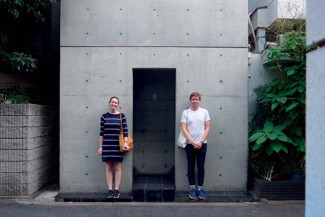Nicole Stock and Henri Sayes in front of Tadao Ando’s Row house in Osaka.