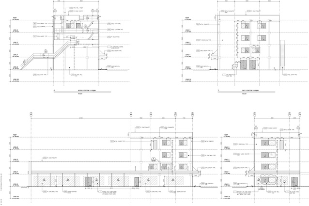 Elevation drawings for the tower/ship/hotel building, known as 'A5", including fake shop fronts.