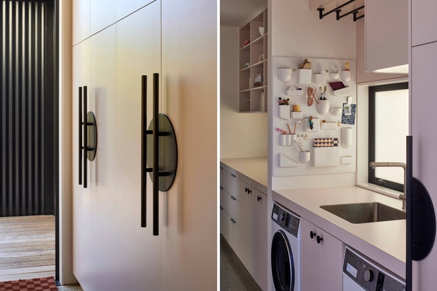 The ‘Porcelain Blush’ Melteca scullery and laundry space feature Bankston Supermoon handles and a Vitra Uten.silo wall unit.