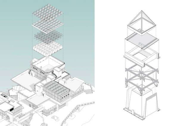 Exploded axonometric views of the pyramid rooflights.