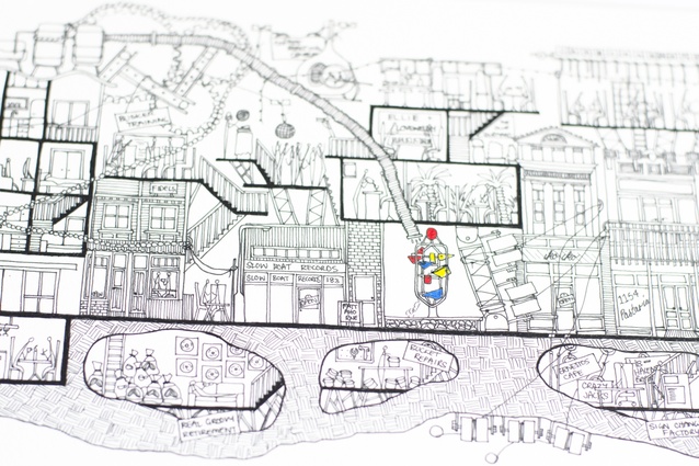 A section of a drawing that Ellie completed, representing Cuba Street in Wellington.