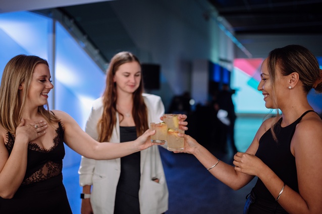 Ashley Cusick (<em>ArchitectureNow</em> editor), Caitlyn Leishman (BCI New Zealand) and Kahu Goulton (BCI New Zealand) enjoying cocktails from Victor Gin.