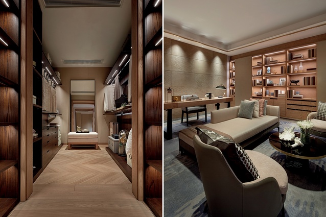 The walk-in wardrobe and living room of One Avenue Tianyuan Show Flats. 