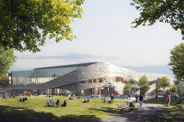 Render of the exterior of Christchurch Convention Centre from Victoria Square.