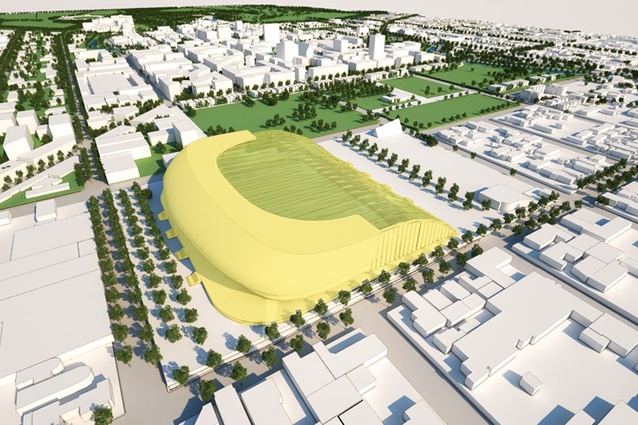 An early concept design of the Christchurch stadium. It will have a flexible design, with the option of a covered roof. Source: Christchurch Central Development Unit.