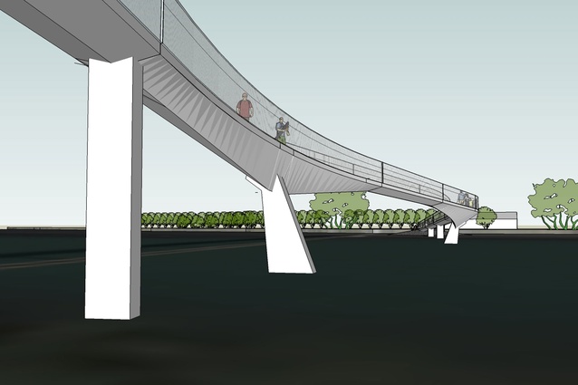 A rendering of Bossley Architects' unbuilt 'curved' version of the bridge which was rejected during public consultation in favour of a 'straight' option.