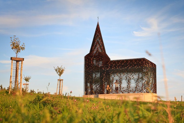 See-through church by Gijs van Vaerenbergh, Belgium, 2011. Made from 100 layers and 2,000 columns of weathering steel, it could be considered 'a line drawing in space'.