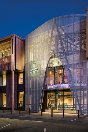 The perforated stainless-steel screen marks the main entry and civic chamber with a playful allusion to ‘A’ for Ashburton and agricultural silos.
