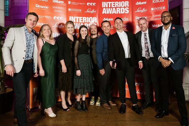 The MediaWorks design team with their trophy after winning the Workplace (over 1000 m<sup>2</sup>) Award at the 2020 Interior Awards.