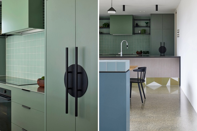 The cabinetry on the rear wall of the kitchen features Bankston Supermoon handles (on left) and the kitchen’s Mutina Puzzle by Barber and Osgerby tile skirting detail as seen from the dining room (on right).