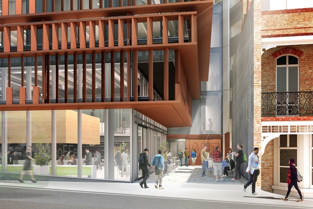 Exterior visualisation of the Symonds Street laneway – AUT Engineering and Technology building by Jasmax. Construction due for completion in 2018. 