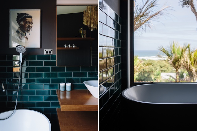 The bathrooms maintain a dark, exotic mood with prints and hand-made, emerald-colours tiles. 