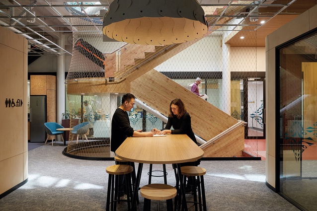 The CLT circulation stair rises through the research volume. Plywood-clad pods break up the open-plan workspace into intimate zones.