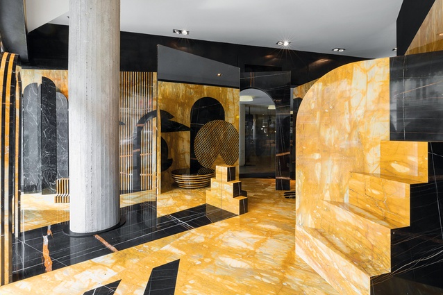 Laetitia de Allegri and Matteo Fogalee’s geometric marble maze in marble and mirrored surfaces.