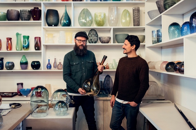 Stephen and Isaac with some of their handblown glassware and lighting.