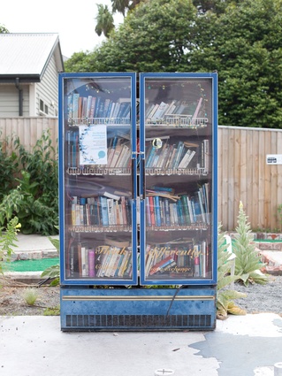 Think Differently Book Exchange: A book exchange in refrigerator form on a vacant Christchurch site.