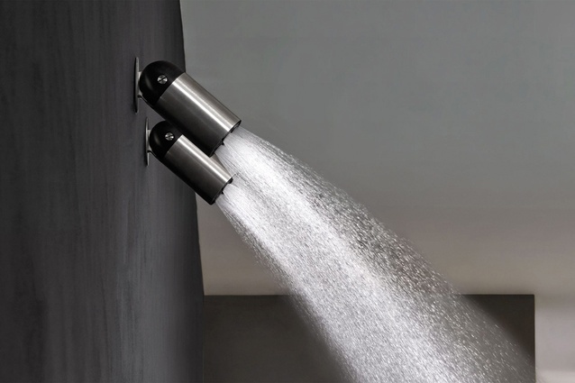 The Azimut showerhead by GI-RA for Antonio Lupi. Bertenshaw says, "Either wall or ceiling mounted, each outlet has four compact nozzles that can direct the jet at more than 180 degrees."