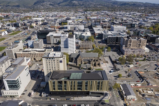 The aerial view looking south illustrates Tūranga and its shifting context, with ChristChurch Cathedral, Cathedral Square and the Convention Centre all undergoing significant works.